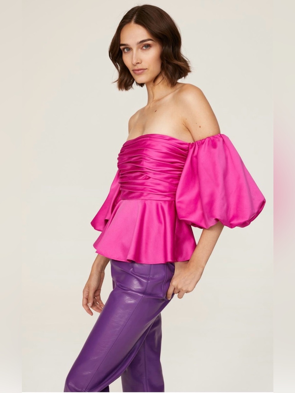 AMUR~Eman~Fuchsia Off-Shoulder Satin Peplum Top~Size 6~$328~